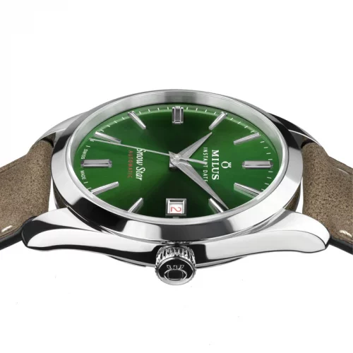 Silberne Herrenuhr Milus Watches mit Lederband Snow Star Boreal Green 39MM Automatic