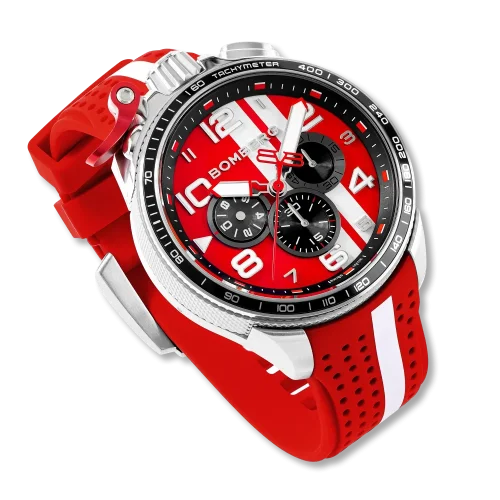 Zilveren herenhorloge van Bomberg Watches met een rubberen band RACING 4.3 Red 45MM