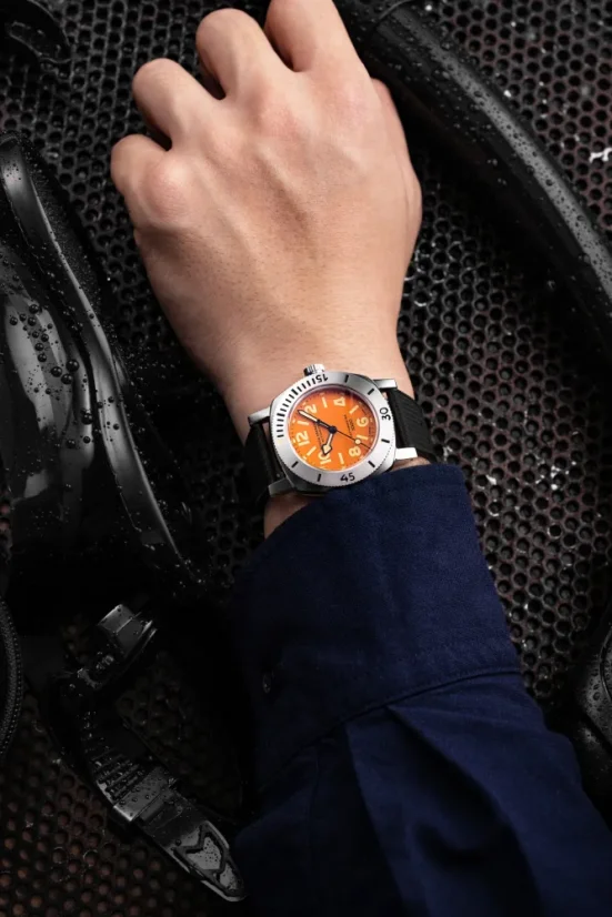 Men's silver Nivada Grenchen watch with leather strap Orange Depthmaster 14127A17 39MM Automatic