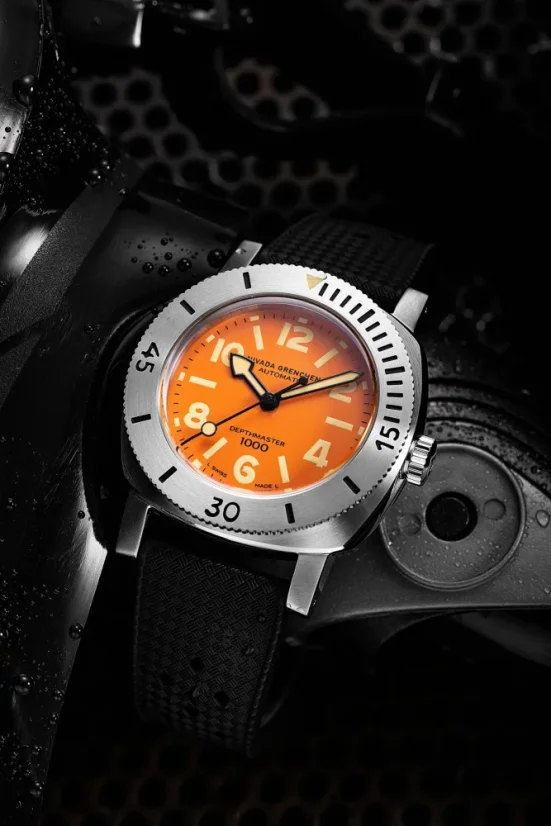 Men's silver Nivada Grenchen watch with leather strap Orange Depthmaster 14127A17 39MM Automatic