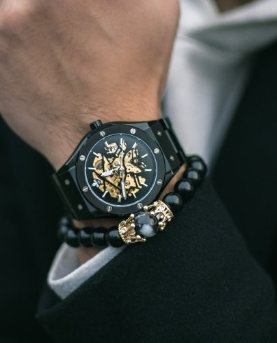 Černé pánské hodinky Ralph Christian s gumovým páskem Prague Skeleton Deluxe - Black Automatic 44MM