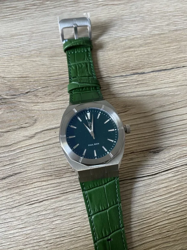 Silver men's Paul Rich watch with a genuine Star Dust - Leather Green Silver 45MM