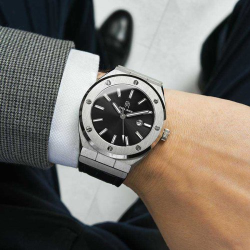 Silver men's Paul Rich watch with a genuine Carbon  - Leather 45MM