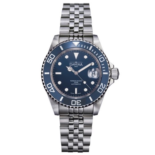 Męski srebrny zegarek Davosa ze stalowym paskiem Ternos Ceramic - Silver/Blue 40MM Automatic
