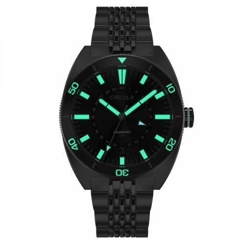 Męski srebrny zegarek Circula Watches ze stalowym paskiem AquaSport GMT - Black 40MM Automatic
