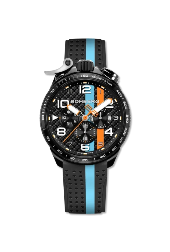 Čierne pánske hodinky Bomberg Watches s gumovým pásikom RACING CARBON MC 45MM