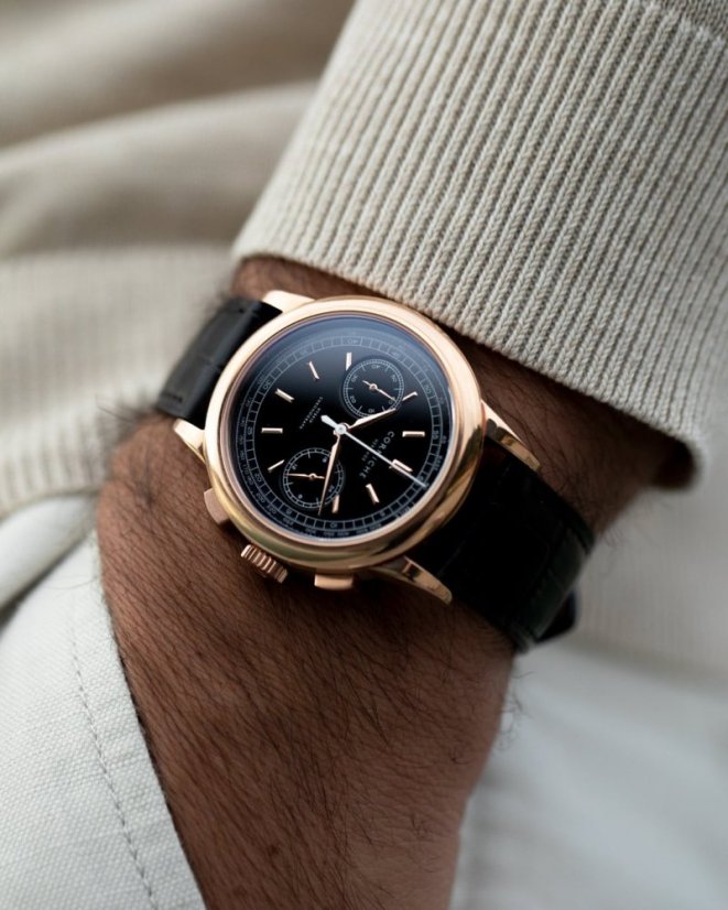 Men's gold Corniche watch with leather strap Chronograph Steel with Rose Gold Black dial 39MM