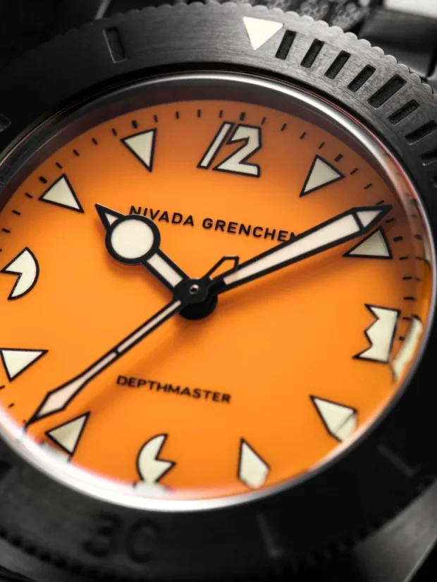 Men's black Nivada Grenchen watch with leather strap Depthmaster Black Pumpkin 14131A15 39MM Automatic