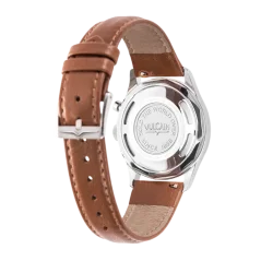 Relógio Vulcain pulseira de couro prateado para homens Cricket Classique Brown Pain Steel Case Back - Eggshell 39MM Automatic
