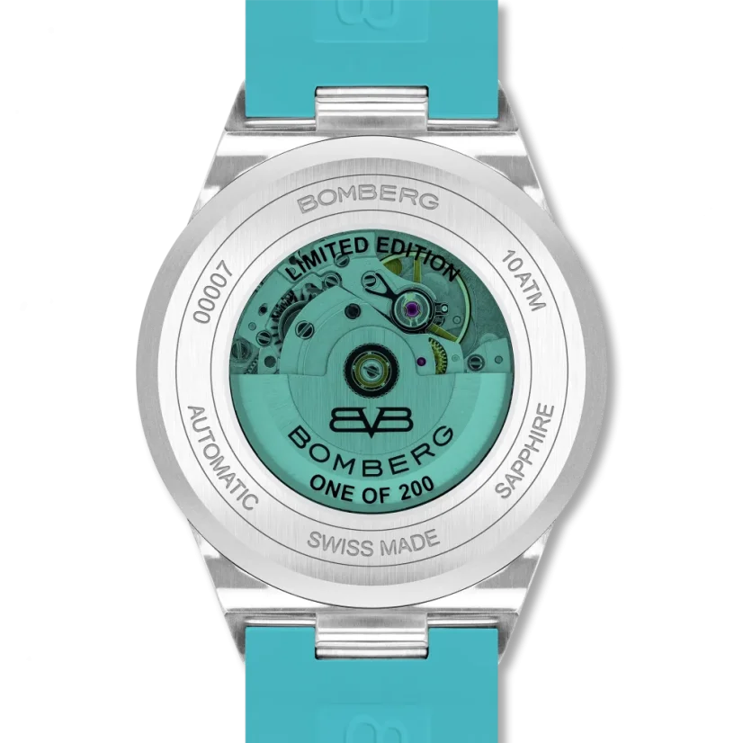 Silberne Herrenuhr Bomberg Watches mit Gummiband TEAL LAGOON 43MM Automatic