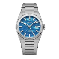 Zilveren herenhorloge van Aisiondesign Watches met stalen riem HANG GMT - Blue MOP 41MM Automatic