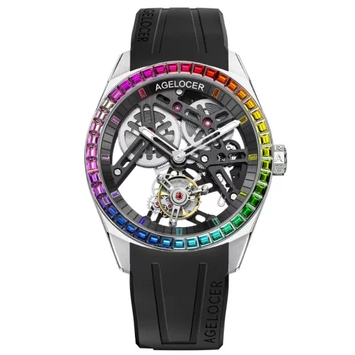 Herenhorloge in zilverkleur van Agelocer Watches met een rubberen band Tourbillon Rainbow Series Silver / Black 42MM