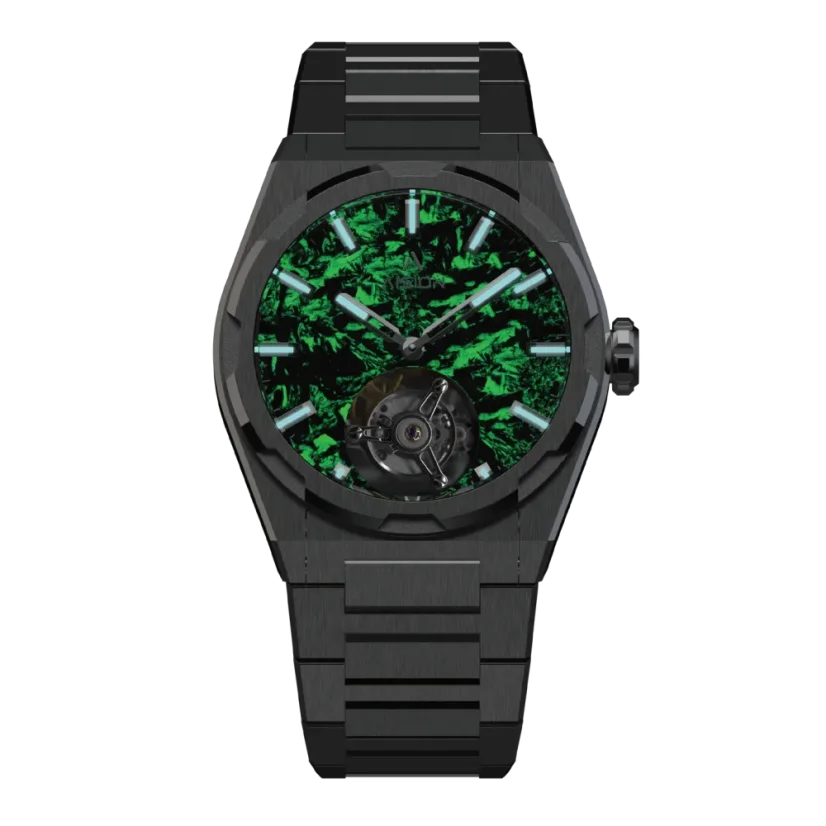 Relógio Aisiondesign Watches prata para homens com pulseira de aço Tourbillon - Lumed Forged Carbon Fiber Dial - Green 41MM