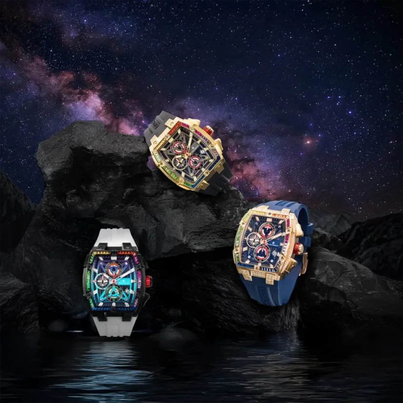Zlaté pánské hodinky Ralph Christian s gumovým páskem The Polaris Chrono Ice - Midnight Radiance 42,5MM