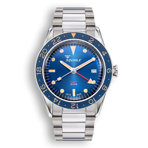 Strieborné pánske hodinky Squale s oceľovým pásikom Sub-39 GMT Vintage Blue Bracelet - Silver 40MM Automatic