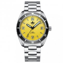 Męski srebrny zegarek Phoibos Watches ze stalowym paskiem Reef Master 200M - Lemon Yellow Automatic 42MM