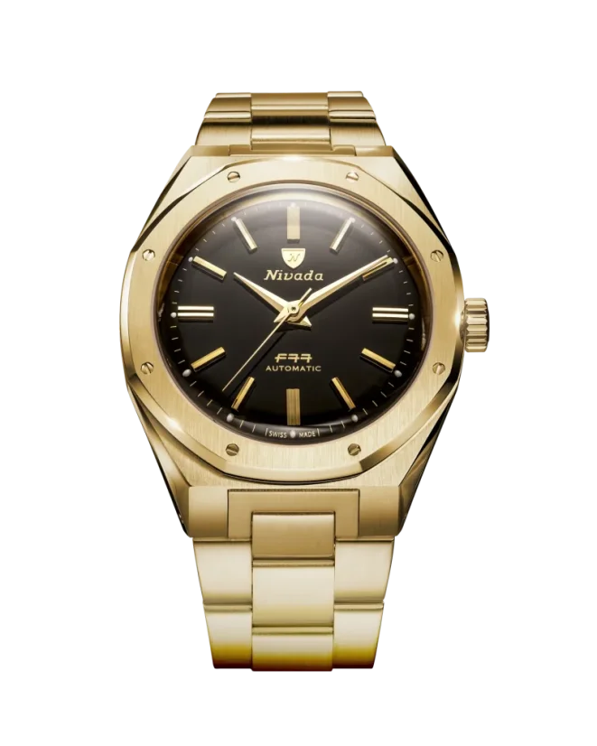 Men's gold Nivada Grenchen watch with steel strap F77 MARK II GOLD