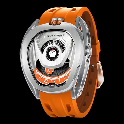 Srebrny zegarek męski Tsar Bomba Watch z gumką TB8213 - Silver / Orange Automatic 44MM