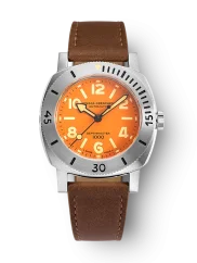 Men's silver Nivada Grenchen watch with leather strap Orange Depthmaster 14127A16 39MM Automatic