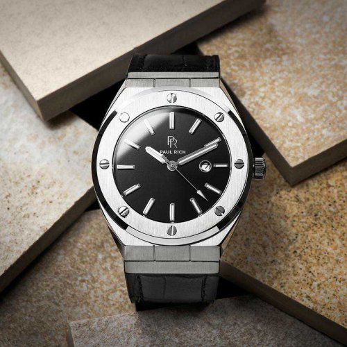 Ανδρικό ασημένιο ρολόι Paul Rich με γνήσιο δερμάτινο λουράκι Carbon  - Leather 45MM