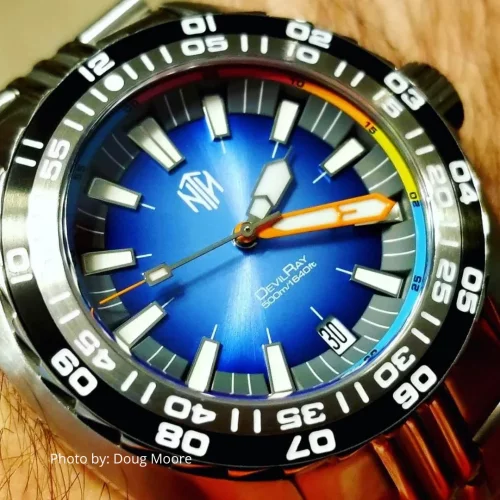 Męski srebrny zegarek NTH Watches ze stalowym paskiem DevilRay With Date - Silver / Blue Automatic 43MM