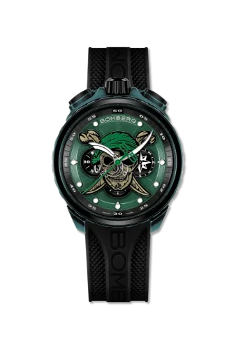 Schwarze Herrenuhr Bomberg Watches mit Gummiband PIRATE SKULL GREEN 45MM