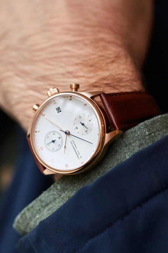 Men's gold About Vintage watch with genuine leather belt Chronograph Rose Gold / White 1815 41MM