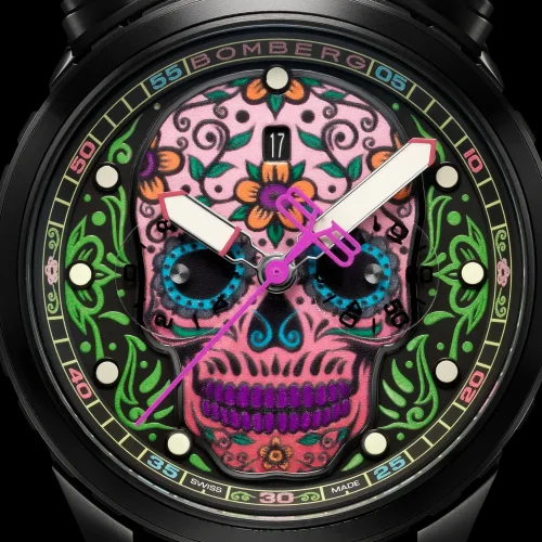 Schwarze Herrenuhr Bomberg Watches mit Gummiband SUGAR SKULL PURPLE 45MM