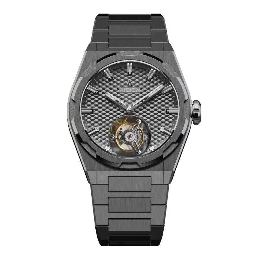 Men's silver Aisiondesign Watches with steel Tourbillon Hexagonal Pyramid Seamless Dial - Gunmetal 41MM