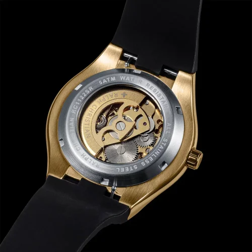 Zlaté pánské hodinky Ralph Christian s gumovým páskem Prague Skeleton Deluxe - Gold Automatic 44MM