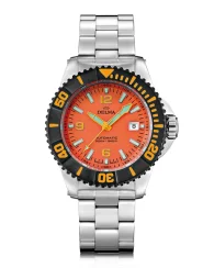 Zilverkleurig herenhorloge van Delma Watches met stalen riem band Blue Shark IV Silver / Orange 47MM Automatic