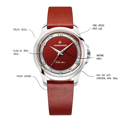 Męski srebrny zegarek Venezianico ze skórzanym paskiem Redentore Porpora 1121512 36MM