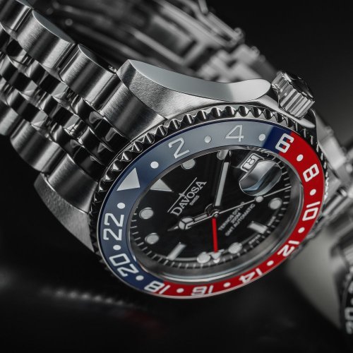 Męski srebrny zegarek Davosa ze stalowym paskiem Ternos Ceramic GMT - Blue/Red Automatic 40MM
