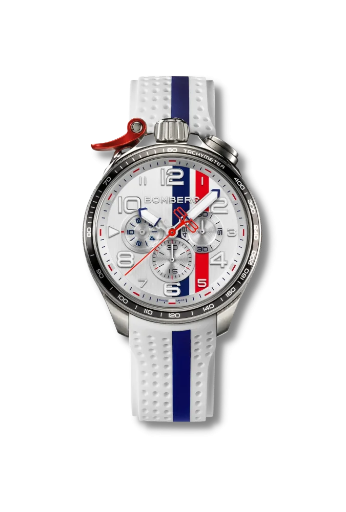 Men s watches Men s Bomberg watches Men s silver Bomberg Watch with rubber strap Racing 3.8 White Blue 45MM