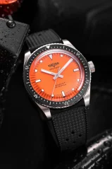 Men's silver Vulcain watch with rubber strap Skindiver Nautique - Orange - Rubber 44,5MM Automatic