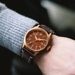 Złoty zegarek męski Aquatico Watches ze skórzanym paskiem Big Pilot Brown Automatic 43MM