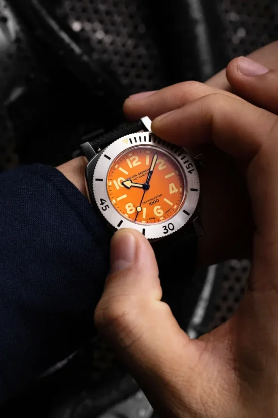 Men's silver Nivada Grenchen watch with leather strap Orange Depthmaster 14127A17 39MM Automatic