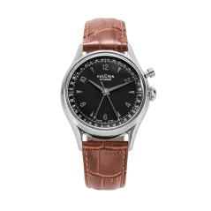 Srebrny zegarek męski Vulcain ze skórzanym paskiem Cricket Tradition Brown Calf Skin Leather Alligator - Printed Steel Case Back - Black 36MM Automatic