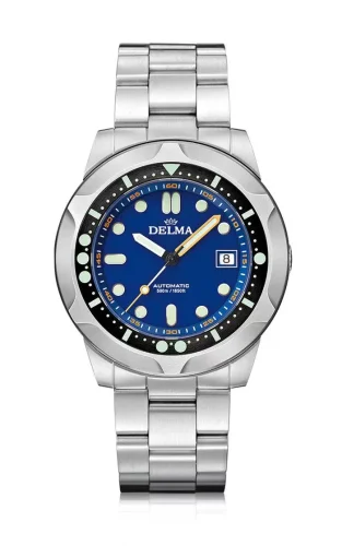 Męski srebrny zegarek Delma Watches ze stalowym paskiem Quattro Silver / Blue 44MM Automatic