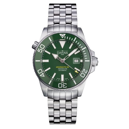 Ασημένιο ρολόι Davosa για άντρες με ιμάντα από χάλυβα Argonautic BG - Silver/Green 43MM Automatic