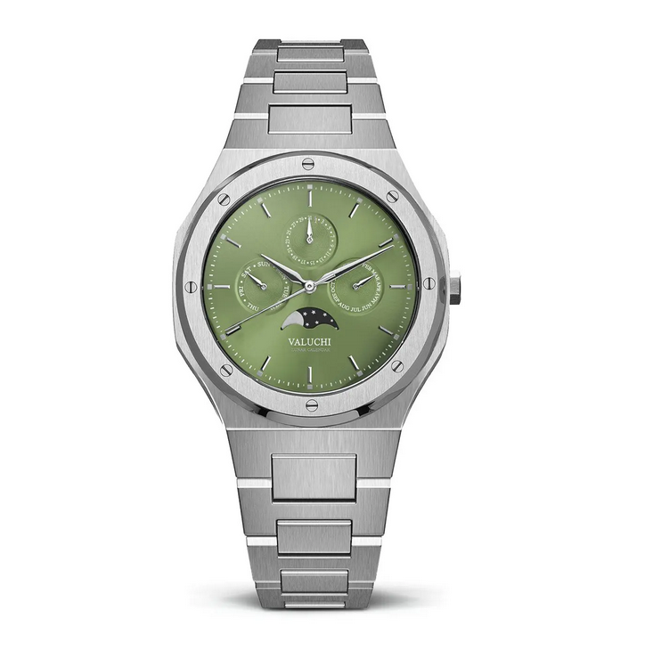 Men's silver Valuchi watch with steel strap Lunar Calendar - Silver Green Automatic 40MM