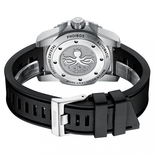 Relógio Phoibos Watches preto para homens com pulseira de borracha Levithan PY032E DLC 500M - Automatic 45MM