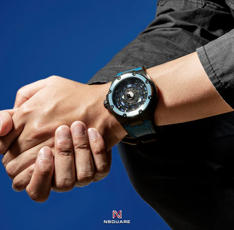Černé pánské hodinky Nsquare s gumovým páskem FIVE ELEMENTS Black / Blue 46MM Automatic