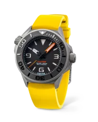 Zilverkleurig herenhorloge van Undone Watches met een rubberen band Aquadeep - Signal Yellow 43MM Automatic