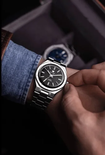Reloj Nivada Grenchen plata de caballero con correa de acero F77 Black No Date 68000A77 37MM Automatic