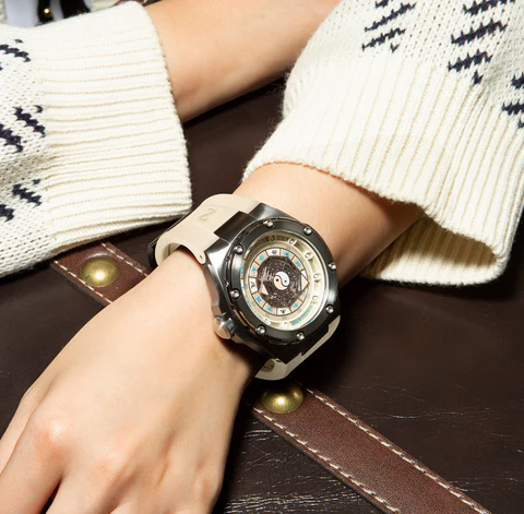 Černé pánské hodinky Nsquare s gumovým páskem FIVE ELEMENTS Black / Brown 46MM Automatic