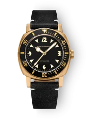 Men's gold Nivada Grenchen watch with leather strap Depthmaster Bronze 14123A16 Black Leather 39MM Automatic