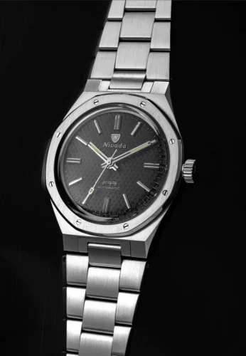 Stříbrné pánské hodinky Nivada Grenchen s ocelový páskem F77 Black No Date 68000A77 37MM Automatic