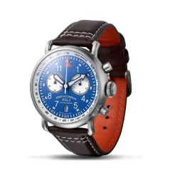 Strieborné pánske hodinky Ferro & Company s koženým pásikom AGL 2 Chronograph Blue 42MM