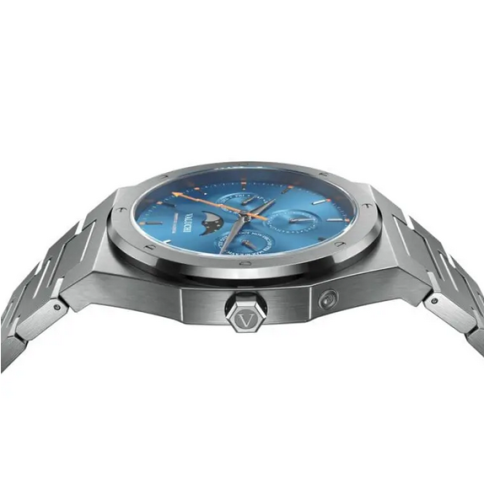 Relógio Valuchi Watches de prata para homem com pulseira de aço Lunar Calendar - Silver Blue Moonphase 40MM